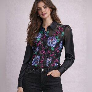 Vintage Lace and velvet Floral Sheer Black Blouse